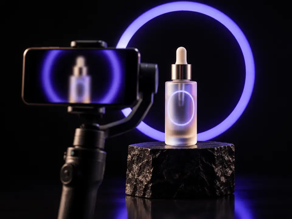 A phone on a gimbal filming a serum bottle in front of a violet ring light